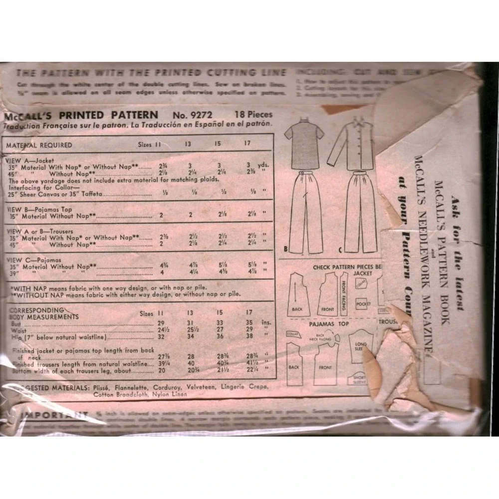 Vintage McCalls 9272 Junior‎ Lounging Sleeping Pajamas Jacket Sewing Pattern 11